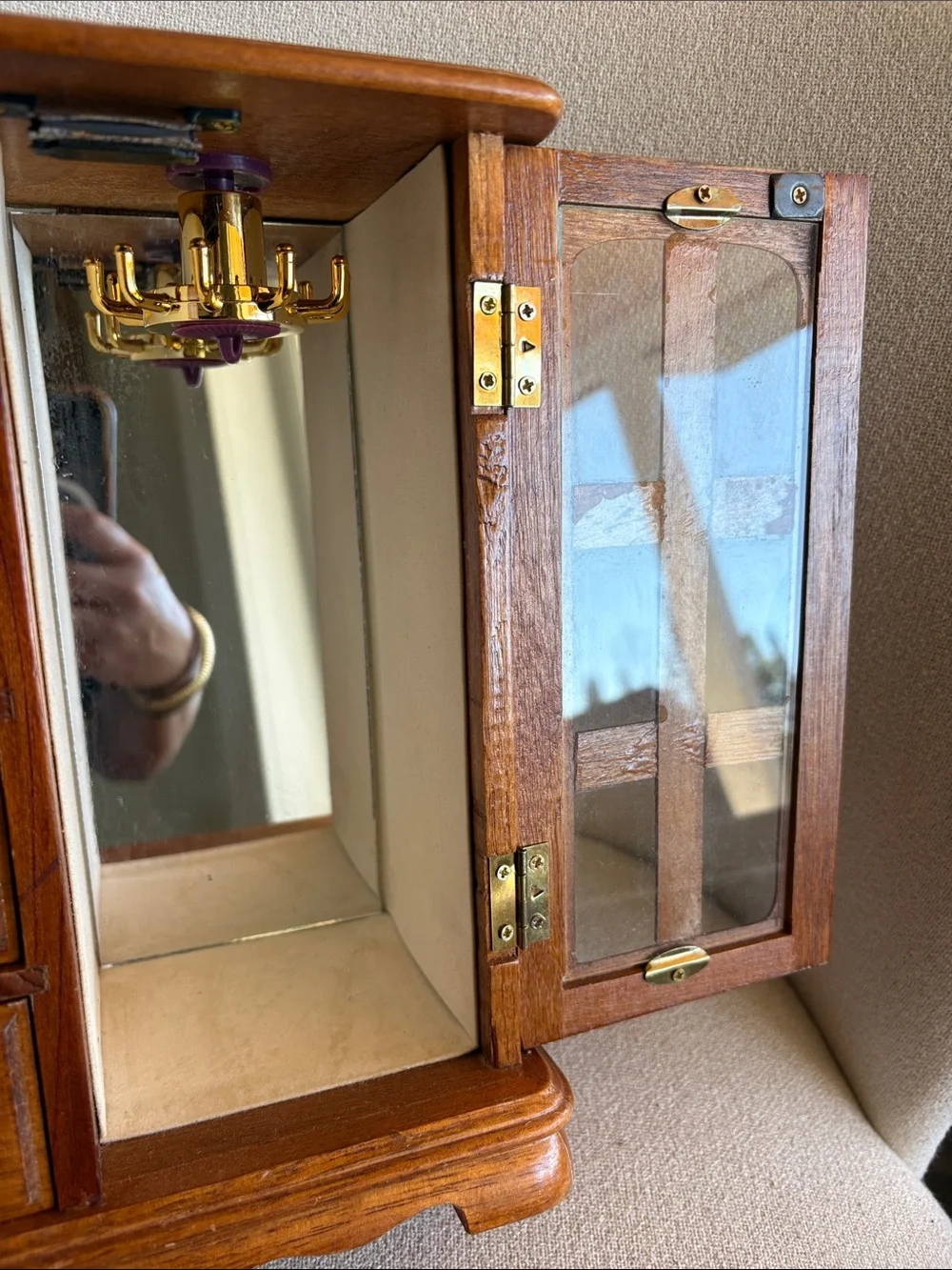 VTG Wood Jewelry Cabinet with Mirrored Door 9” X 10.5”